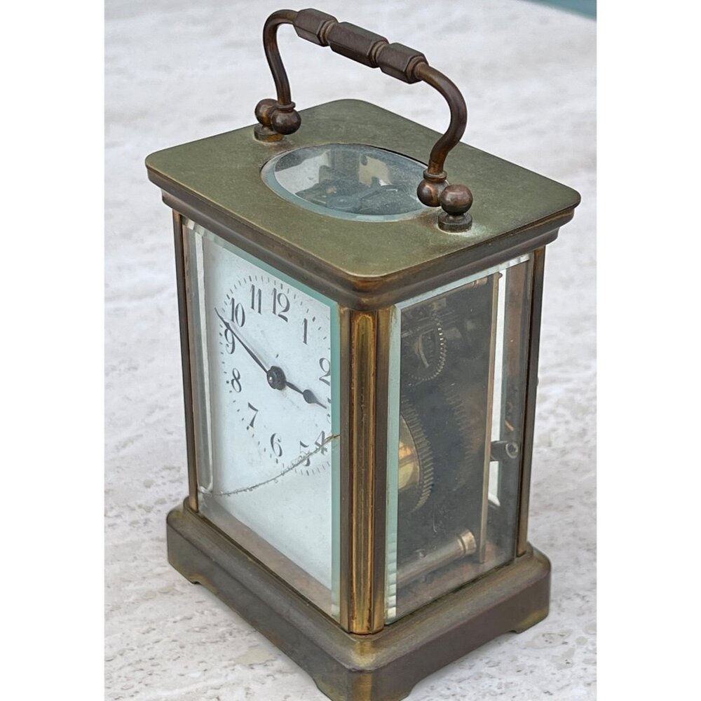 Duverdrey & Bloquel Antique Brass Carriage Clock Glass Panel Visible Mechanism